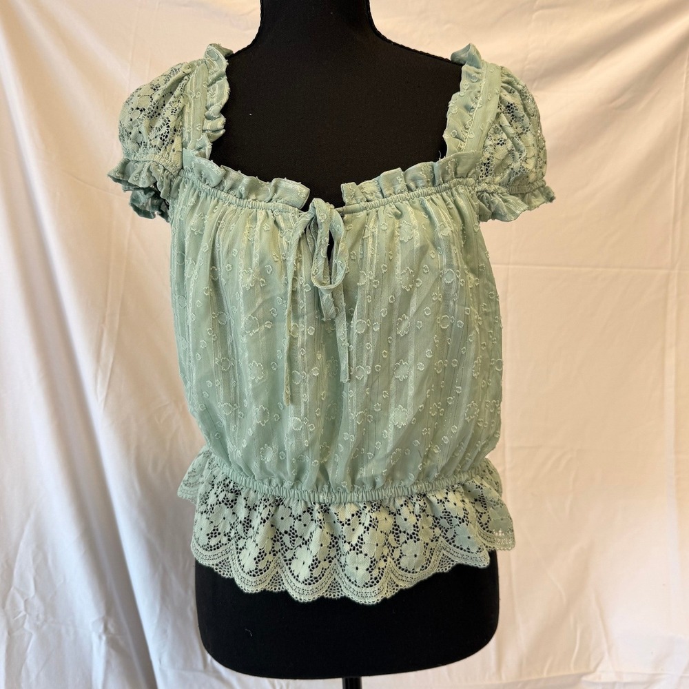 Haute Monde Sage Green Clip Dot Lace Peplum Peasant Top Metallic Stripe S